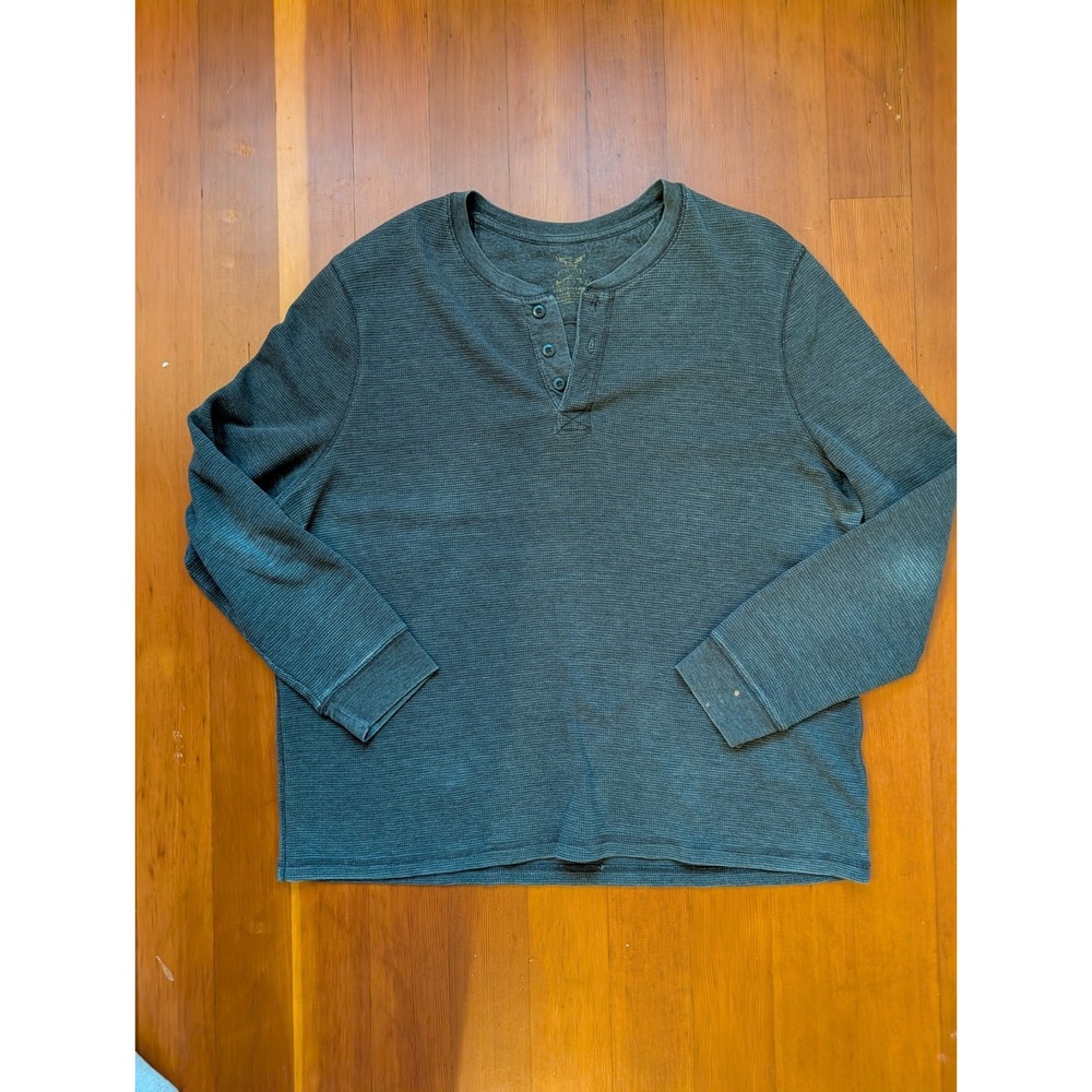 Faded Glory Vintage Grey Waffle Knit 2XL Long Sleeve Shirt Distressed Y2K Henley